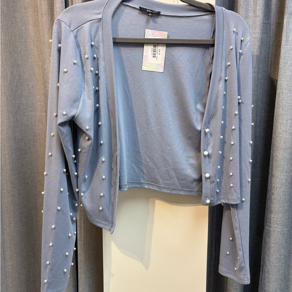 Blue Cardigan with Pearl Embellishments